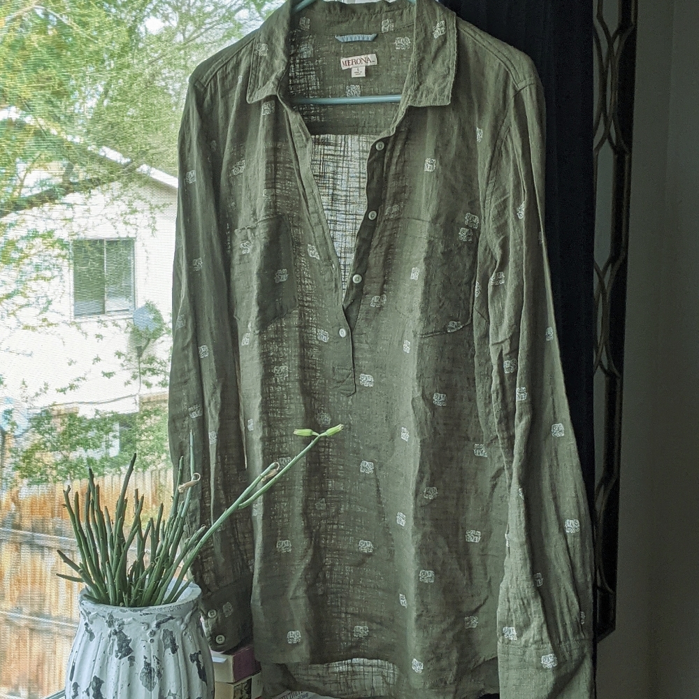 Green linen animal print blouse
